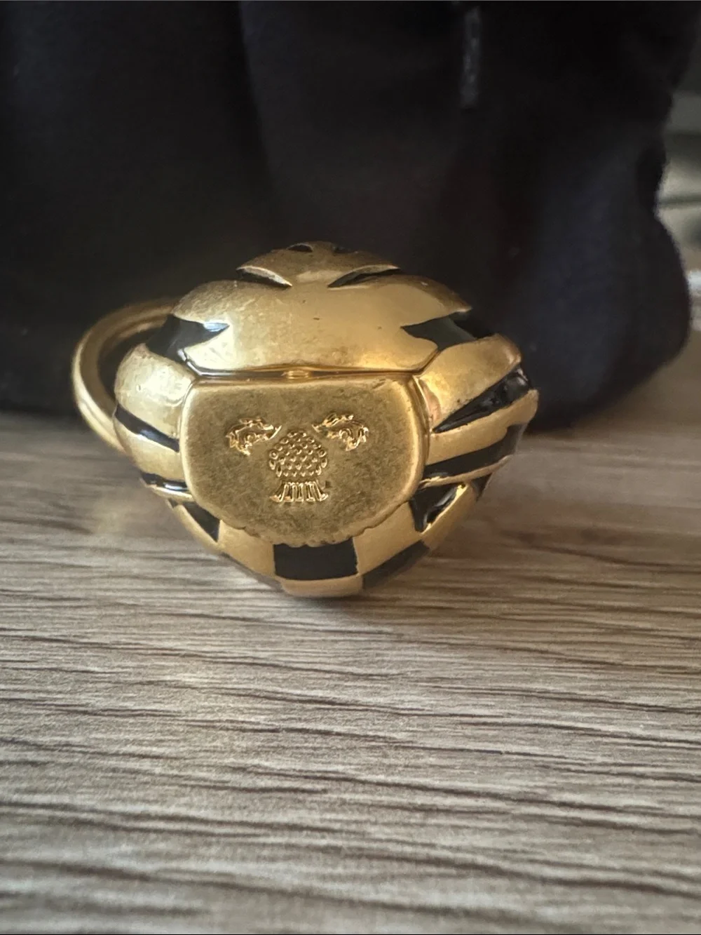 Mackenzie Childs Gold-tone Owl Keychain with Black Enamel Check Accent
